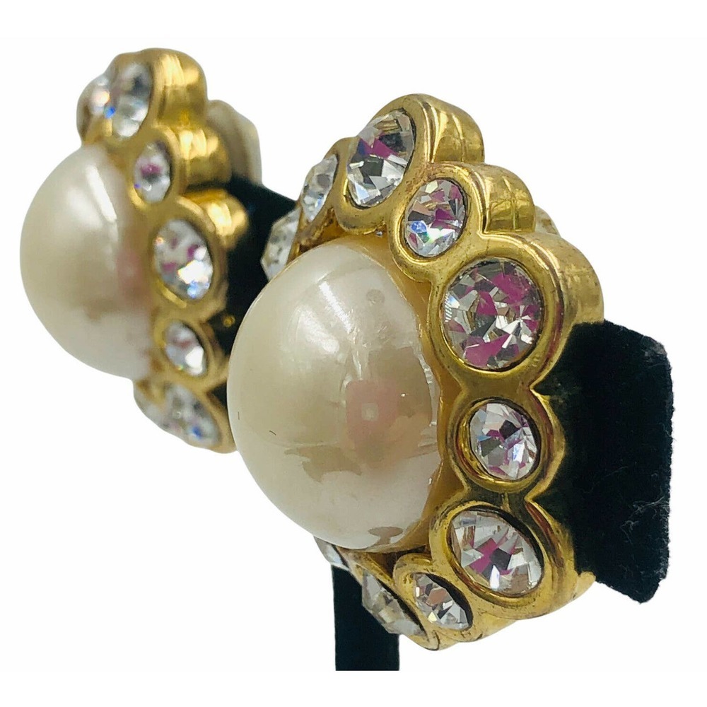 Gold Tone Crystal Cabochon Pearl Clip Earrings - Picture 2 of 10